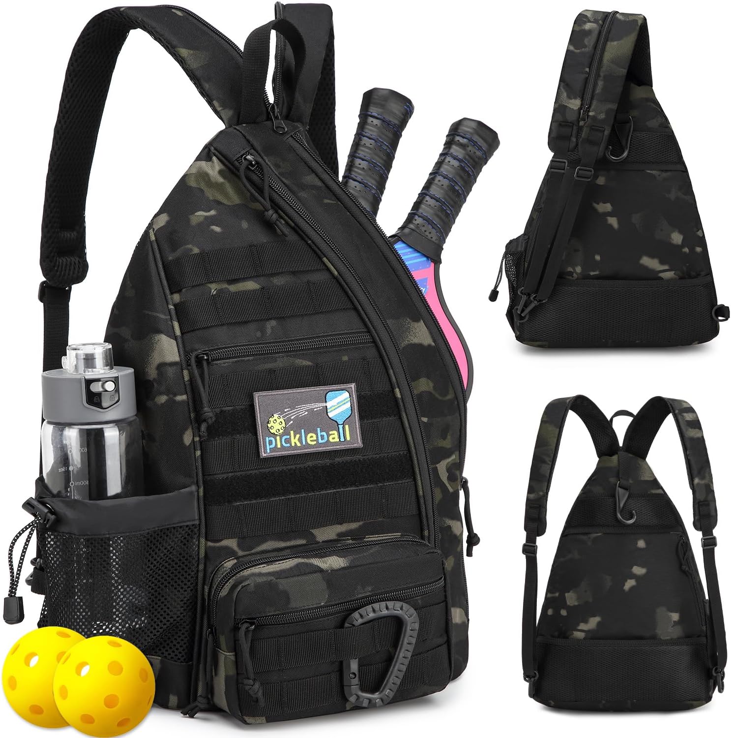 Pickleball Bag, Tactical Pickleball Backpack for Women Men, Adjustable Sling Bag with Fence Hook Water Bottle (Includes 2 Patches+1Carabiner), Brown