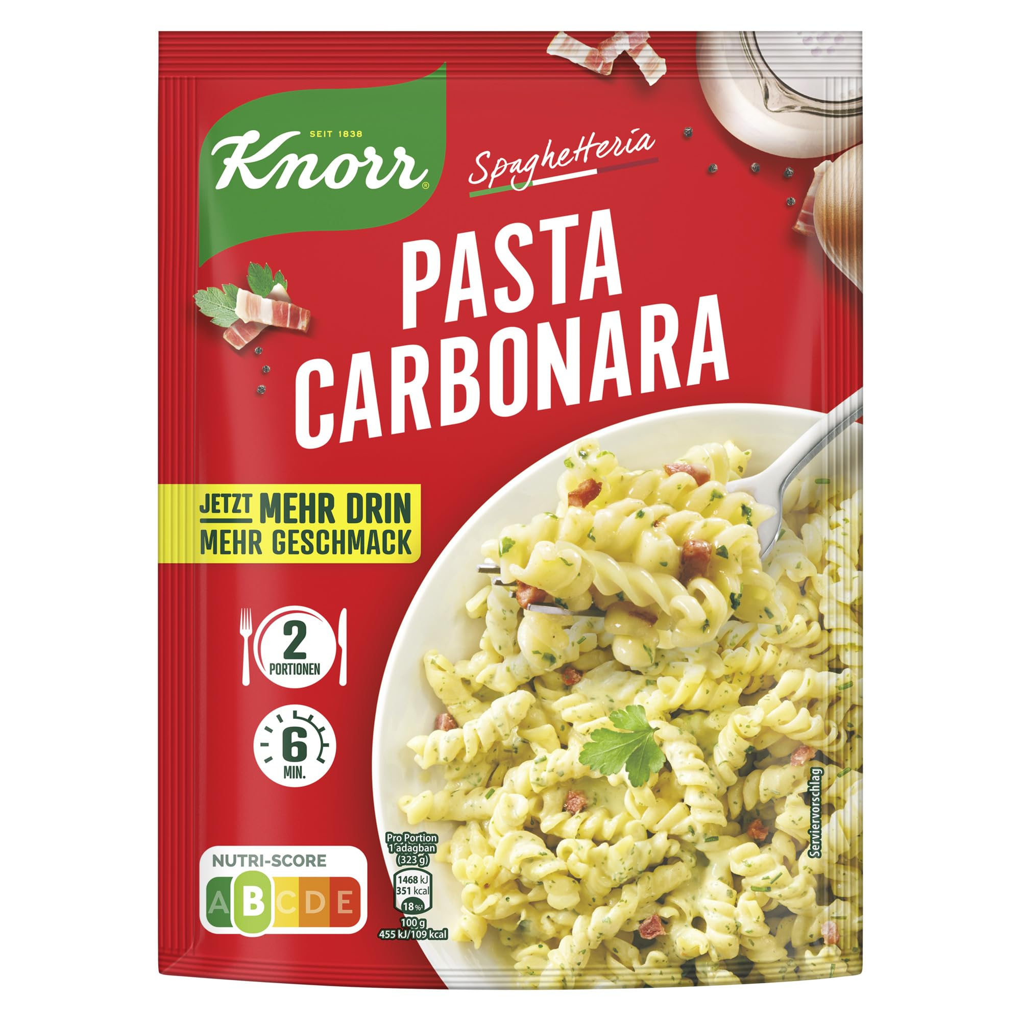 Knorr Spaghetteria Nudel-Fertiggericht Pasta Carbonara leckeres Nudelgericht fertig in 6 Minuten 2 Portionen