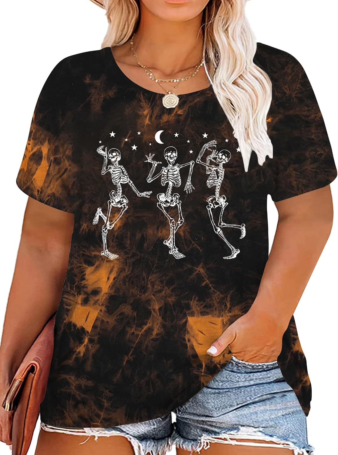 Plus Size Halloween Tshirt Women Dancing Skeleton Shirt Plus Pumpkin T-Shirt Skull Tee Fall Top(TD2,4XL)
