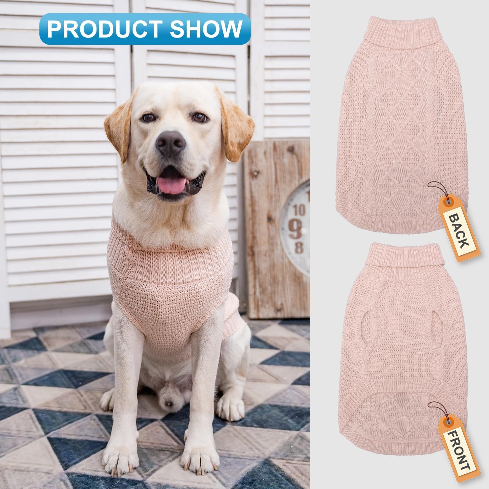 Mihachi Turtleneck Dog Jumper, Dog Sweater Winter Coat Apparel Classic Cable Knit Clothes with Leash Hole for Cold Weather - Image 3