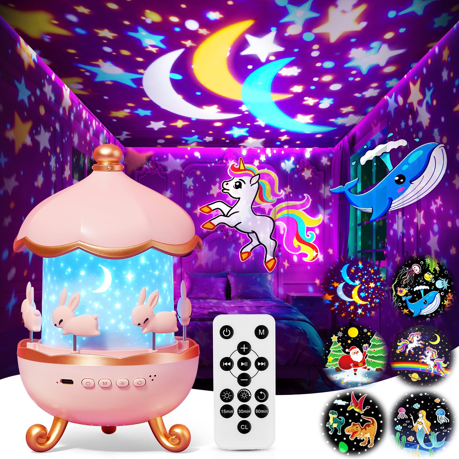 One Fire Projecteur Ciel Étoile, Cadeau Fille & Veilleuse Enfant avec 315 Modes & 15 Thèmes, Jouet Éducatif 360° comme Aide au Sommeil, Rechargeable avec 15 Musiques, Télécommande & Minuteur