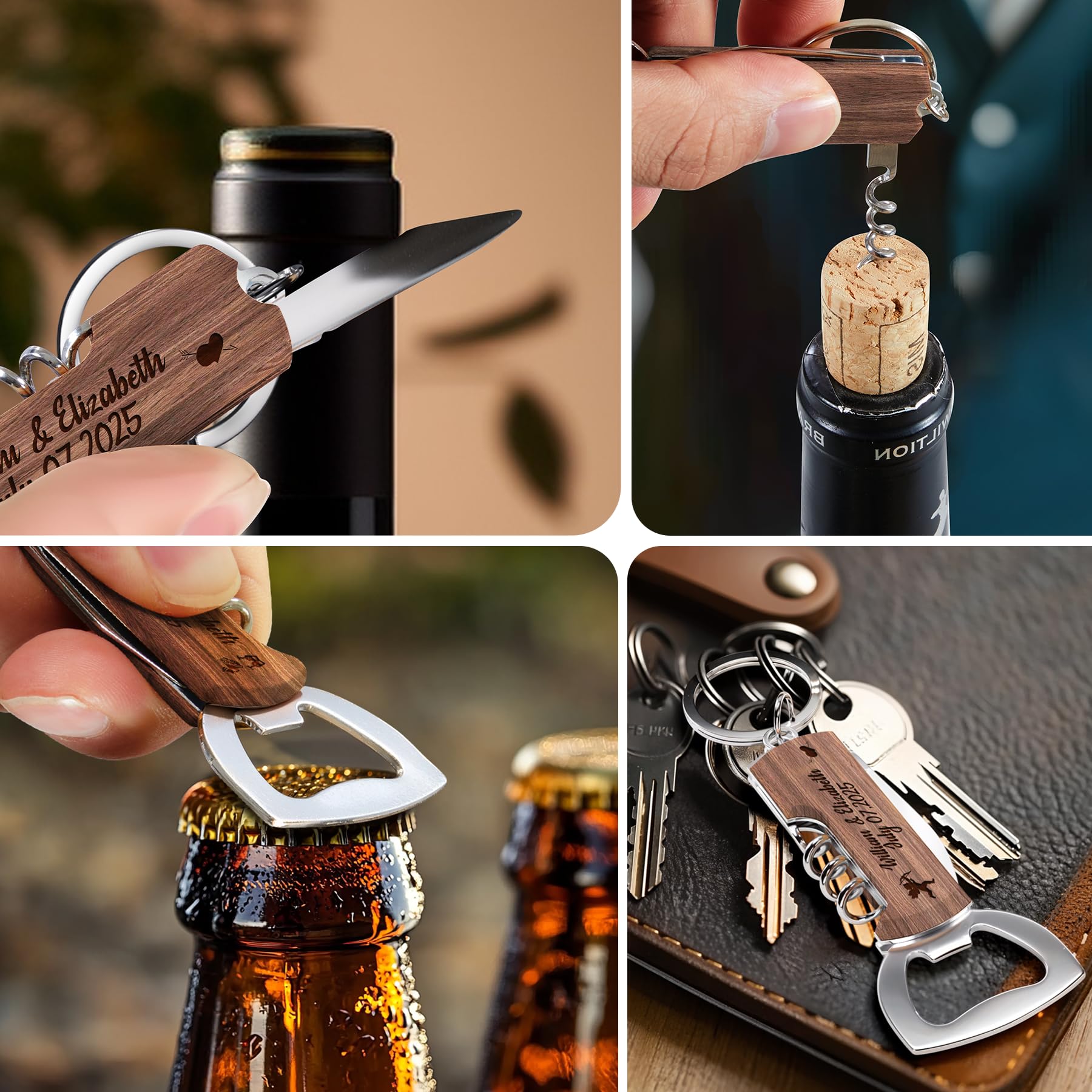 60 Pezzi Apri Bottiglie in Palissandro Personalizzato Multifunzionale, Bomboniere Regalo per Matrimoni e Feste di Compleanno, Portachiavi Apribottiglie Incisi per Ospiti
