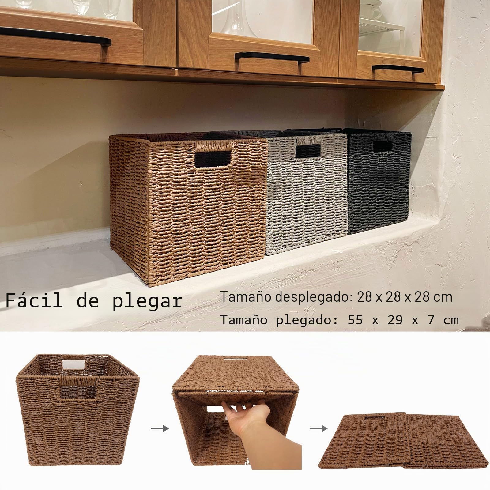 2 Cestas de Almacenaje, Cesta Mimbre Tejidas a Mano Cubo 28CM, Cesta Grande Plegable de Papel de Jacinto de Agua con Asas, Cesto Decorativo para Baño Estanterías Kallax Cocina Marrón