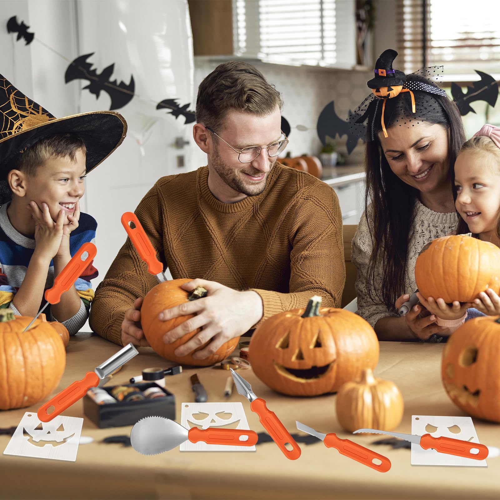 GWAWG 7 sztuk zestaw do wycinania dyni z 24 szablonami, zestaw do drążenia dyni, na dekoracje Halloween dla dzieci i rodziny