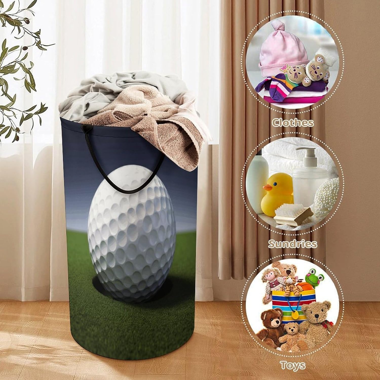 Golf Ball Laundry Hamper with Handles Waterproof Collapsible Laundry Basket Large Lightweight Round Dirty Clothes Hamper for Home Dorm Bathroom Decor