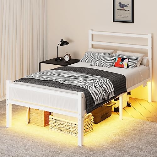 Base de cama individual con estación de carga y luces LED, marco de cama de plataforma de metal blanco con listones de acero resistente, cabecero y