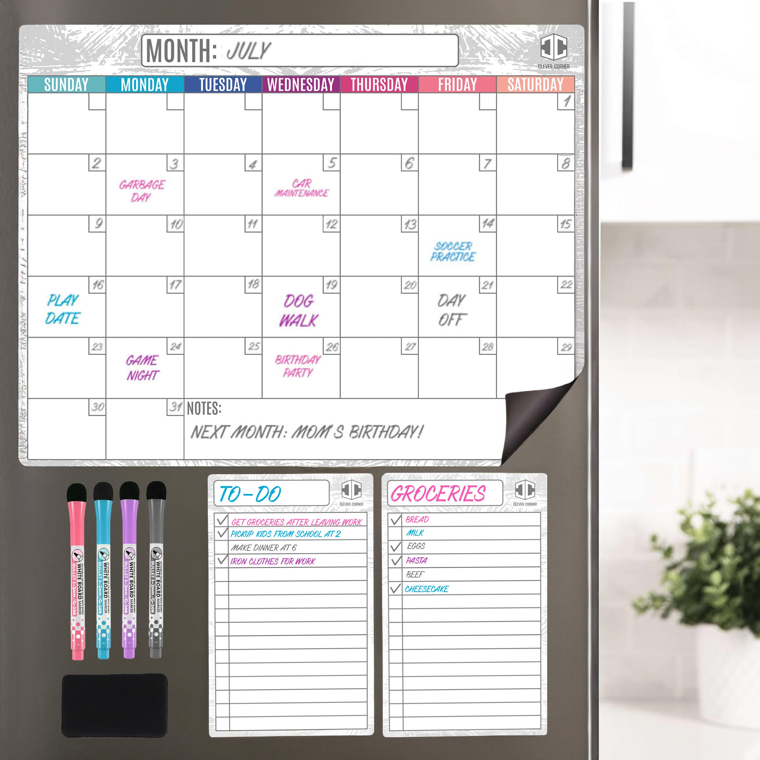 CLEVER CORNER Dry Erase Magnetic Calendar for Refrigerator 16.5x13; 2 Wide Notepads; 4 Markers; Eraser - No Stain Monthly Fridge Calendar Whiteboard