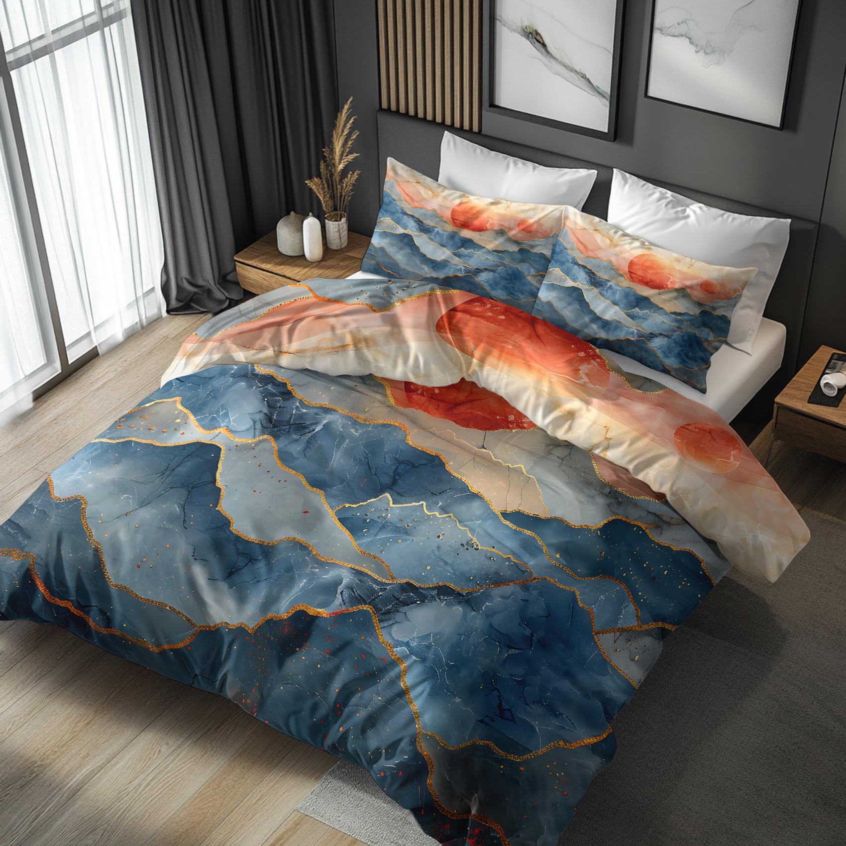 King Size Duvet Cover Sets Japanese Asian, Reversible King Size Bedding Sets Abstract Mountain Sun Pattern for Bedroom Decor, Soft Microfibre Quilt Cover, 2 Pillowcases, Zip DHDB9
