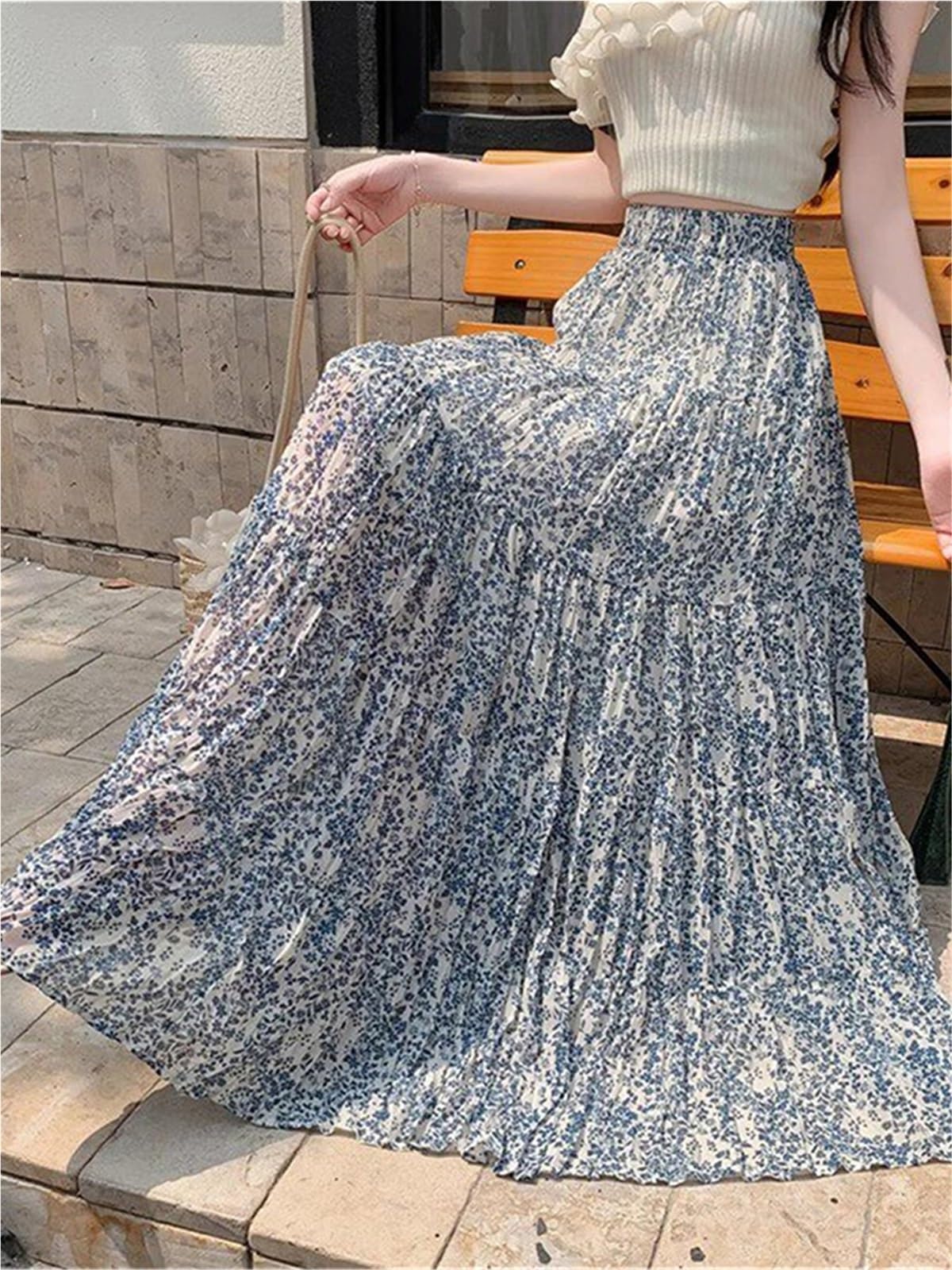Falda Floral Falda Larga Floral de Gasa for Mujer, Faldas Cintura Alta, Plisada, Informal, Holgada, for Verano para Mujeres