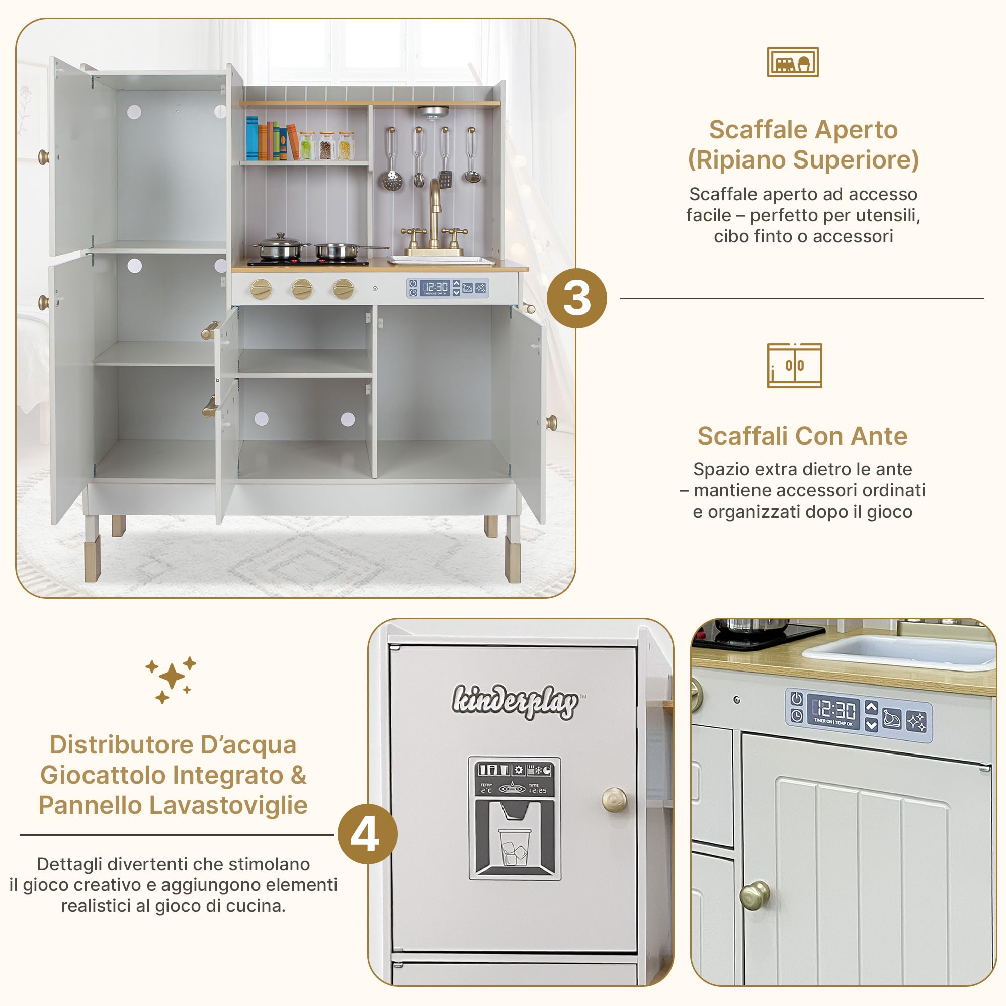 Kinderplay Grande Cucina per bambini in legno con luce e suono, con accessori, lavello, fornello e forno, per giochi di ruolo realistici