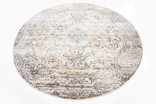 Miniatura 11 de Unique Loom Augustus Collection - Alfombra bohemia tradicional, geométrica, vintage, 5 pies 0 pulgadas x 5 pies 0 pulgadas, marfilazul