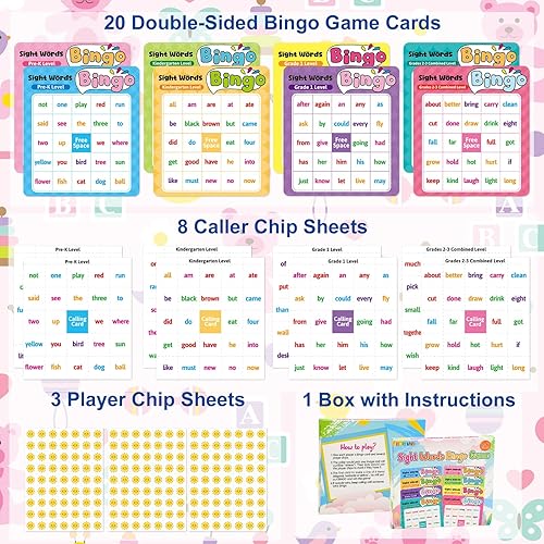 Miniatura 2 de Fancy Land Juego de bingo de palabras a la vista para niños y adultos, listas de palabras de Dolch & Fry's, juego de bingo para pre-k a 3er grado,