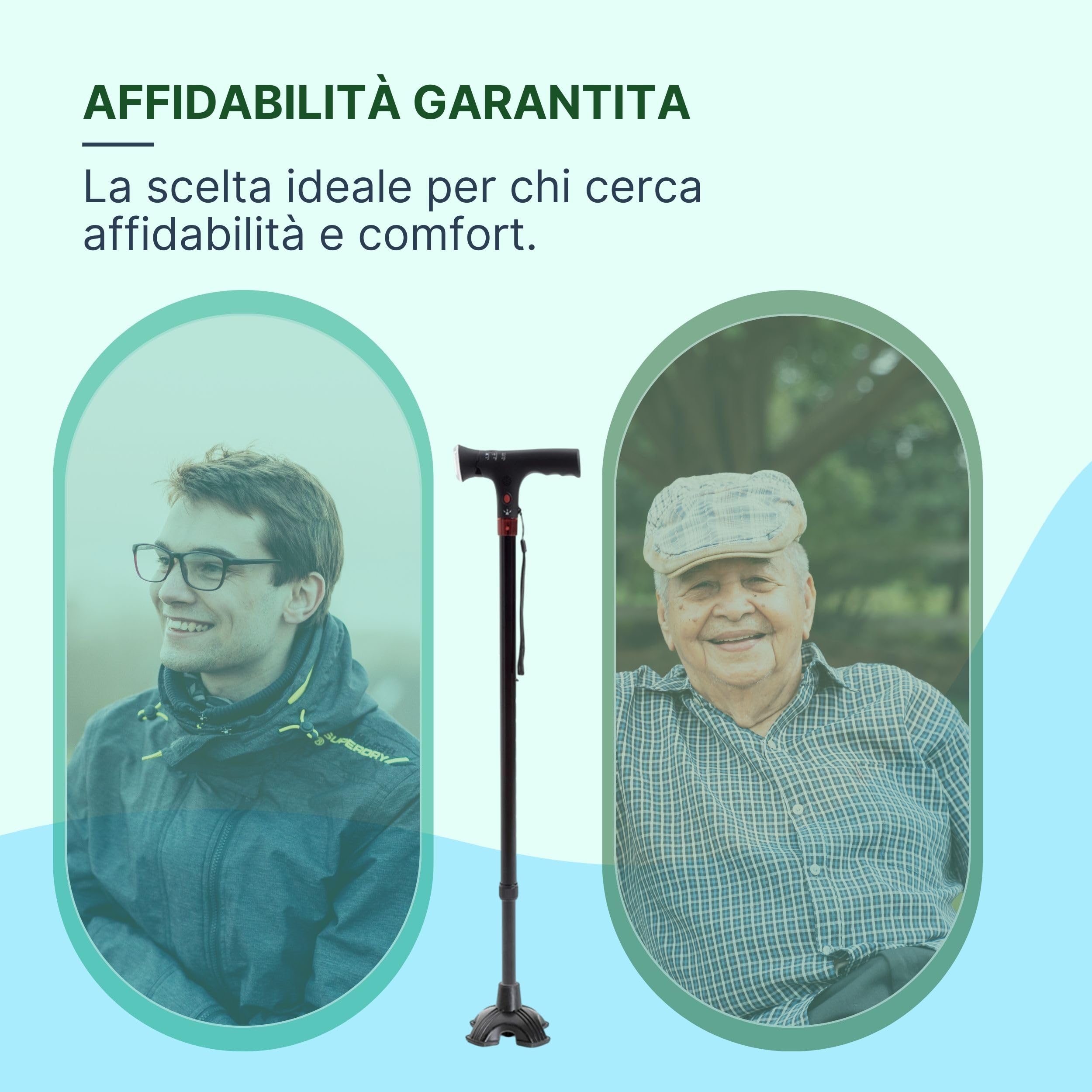 Bastone per Anziani in Alluminio con Luce Led e Allarme Acustico, Bastone da Passeggio con Impugnatura Ergonomica, Regolabile H. 74-96cm