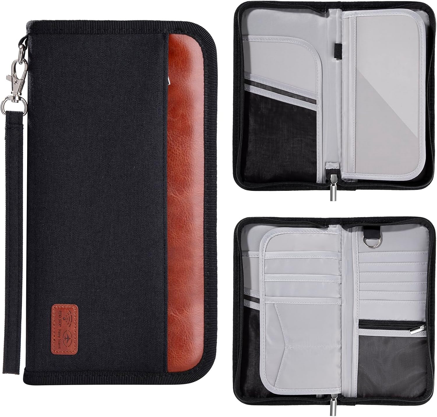 UZYXC Portadocumentos Viaje Nero Con Laccio Polso, Funda Pasaporte Multifunzione A 8 Scomparti Per SIM/Biglietti/Contanti, Tessuto Premium Con Zip RFID Blocker, Design Compatto Per Uomo E Donna - 8