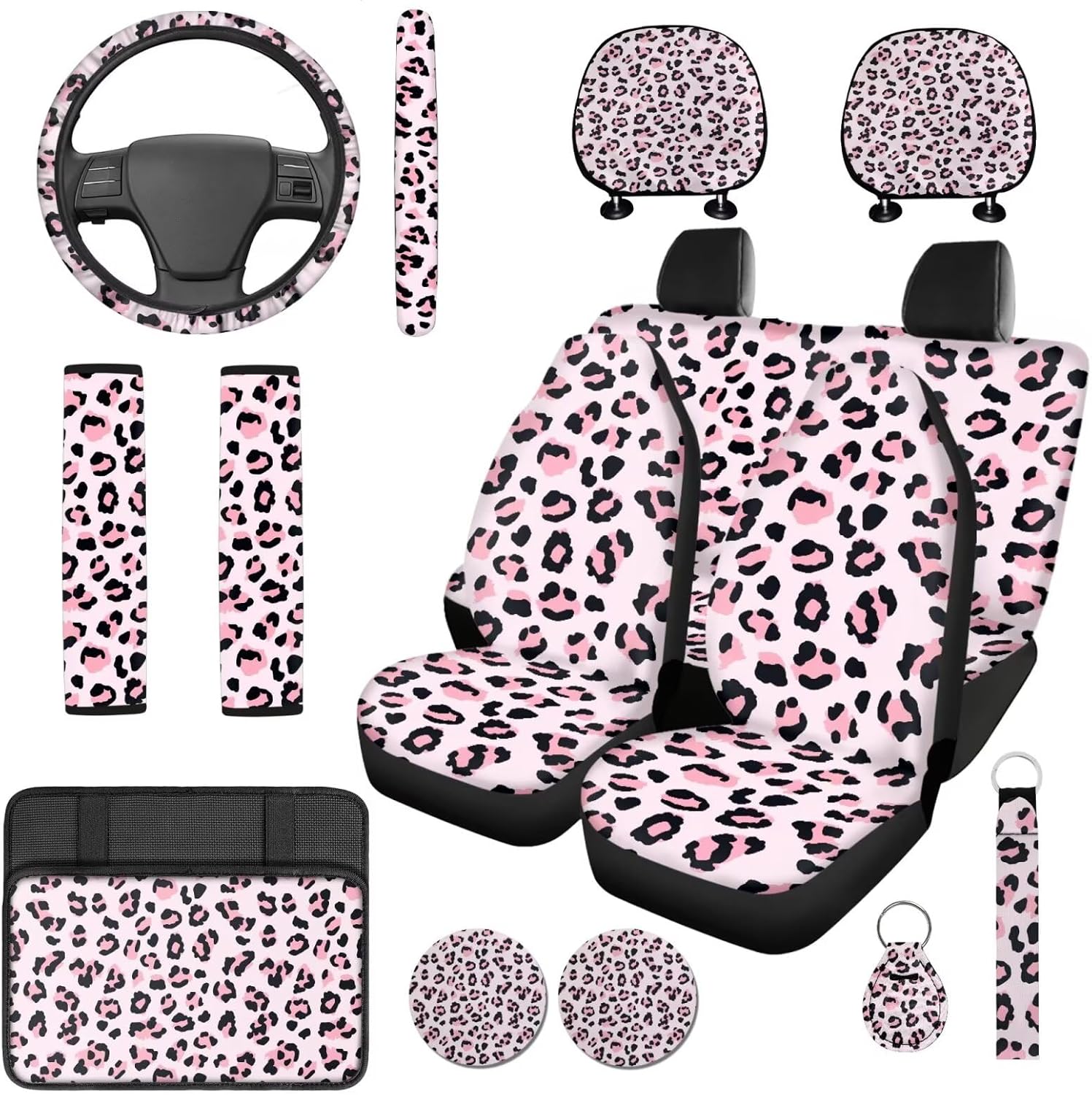 Horeset Pink Leopard Print 14 Pcs Car Accessories Full Set with Head Rest Protector Car Steering Wheel Cover Armrest Cover Seat Belt Covers All-Season Protection for Cars SUV Seat Protector