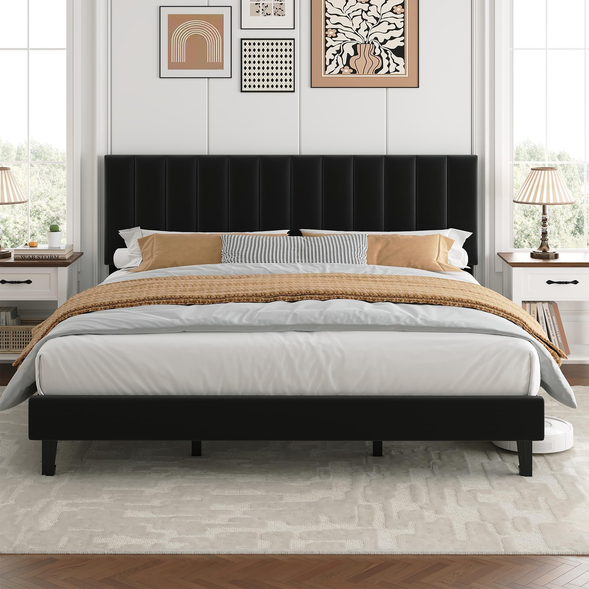 IDEALHOUSE King Size Bed Frame Velvet Upholstered Platform Bed with Adjustable Vertical Channel Tufted Headboard No Box Spring