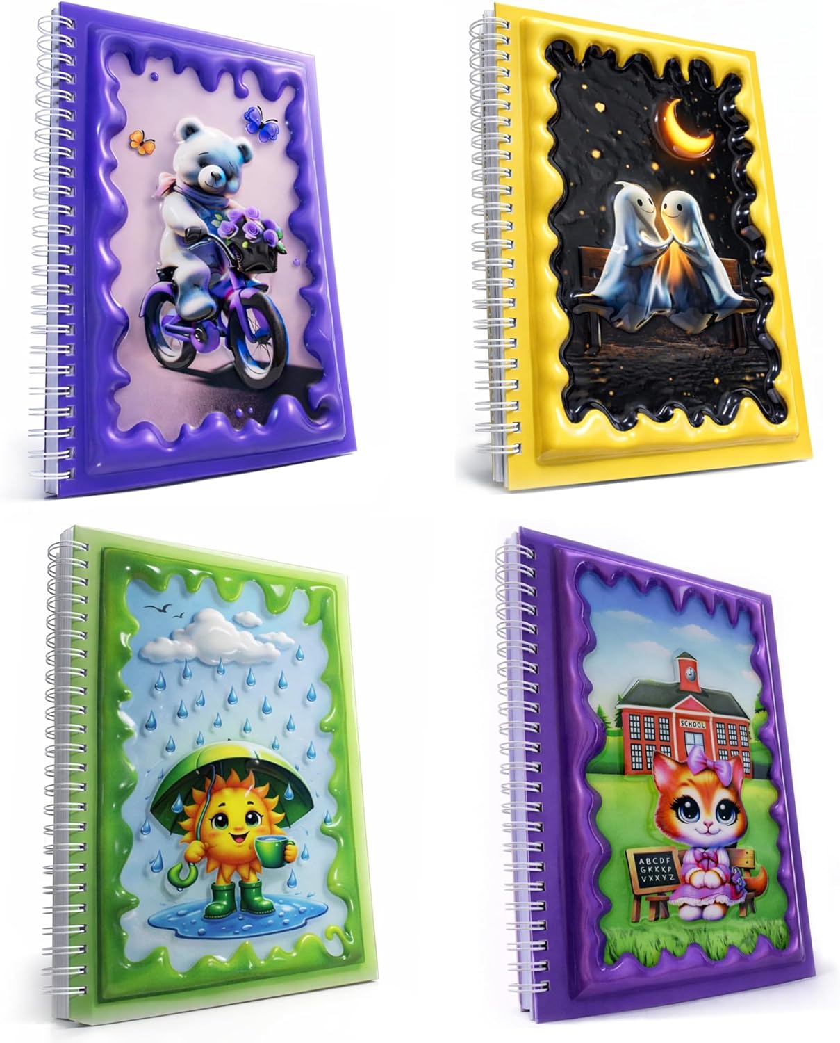 A5 3D Glossy Cover Spiral Notebook – Cute Hardcover Notebooks with 160 Pages/80 Sheets of Each – Kids School Notebooks for Girls & Boys (Pack of 4 (Teddy, Moon, Sun, Cat))