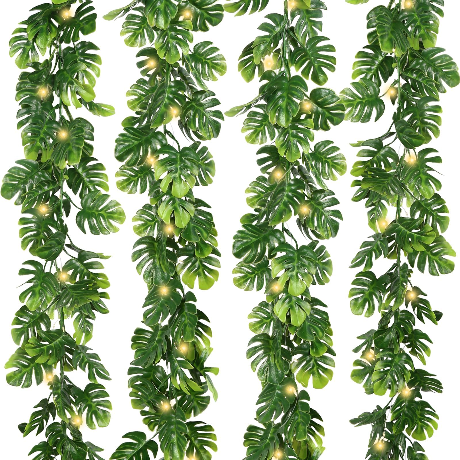 IPOPU 4PCS Artificial Monstera Leaf Ivy Vines with Light Strings, 5.7FT Faux Tropical Palm Leaf Garland Fake Monstera Hanging Greenery Plant for