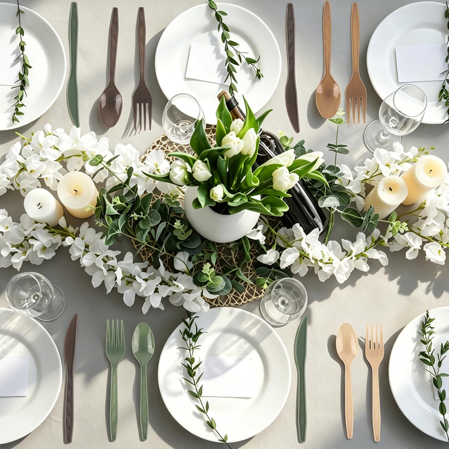 Kochorie 360 Pcs Woodland Plastic Silverware Disposable Flatware Plastic Cutlery Brown Sage Green Forks, Knives and Spoons Set Serving Silverware for Picnic Outdoor Forest Party Supplies