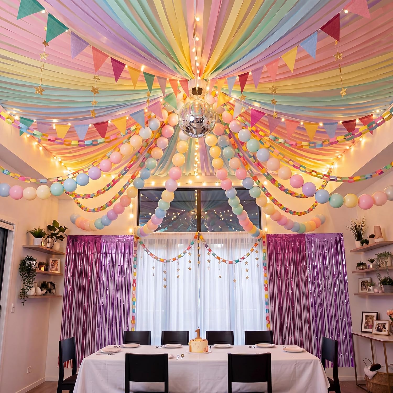 500 Sheets Paper Chain Strips Kit Include 22 Inches Disco Ball Balloons 50 Pcs Link Balloons Rain Curtain Crepe Paper for Crafting Birthday Party Wedding Decor (Macarons)