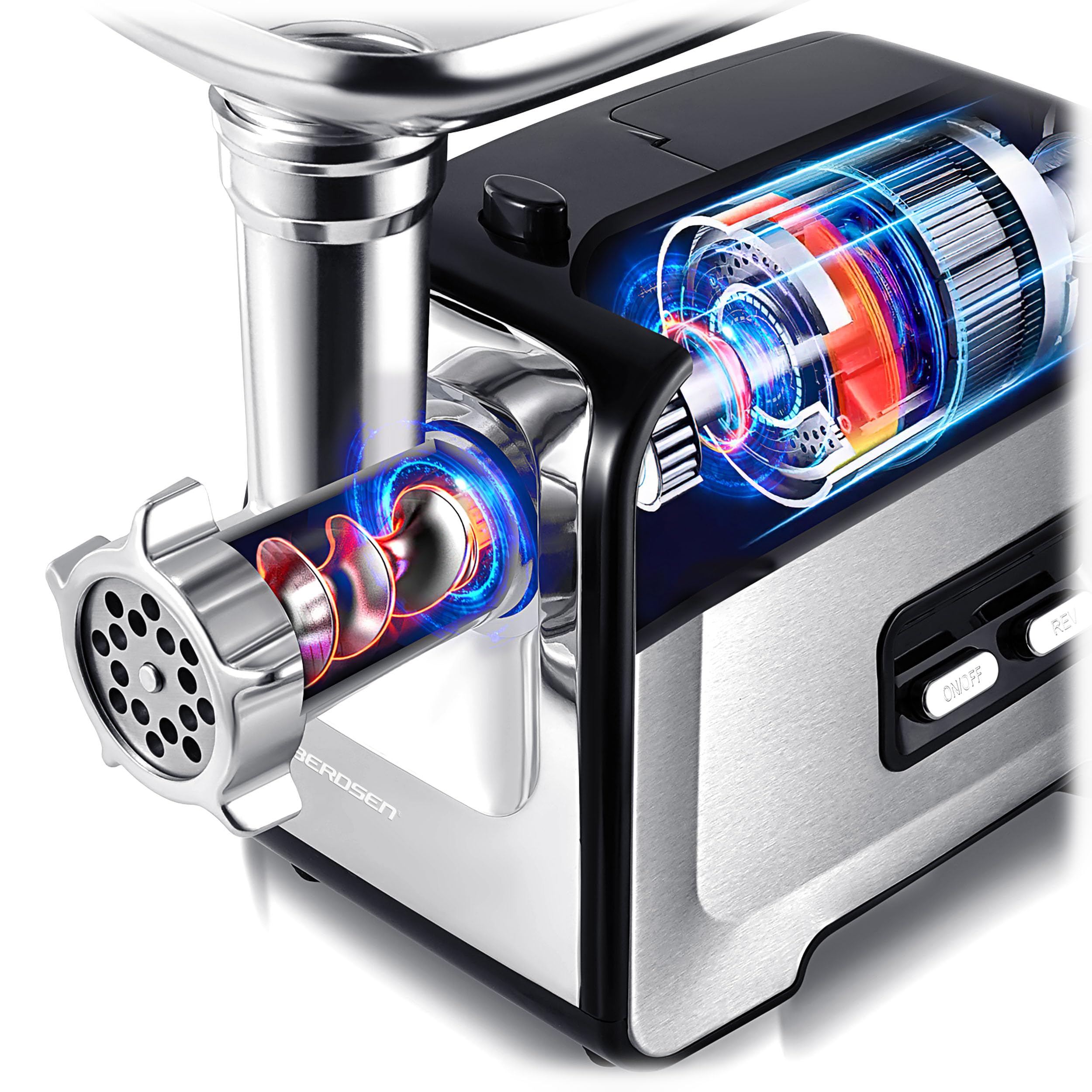Berdsen Picadora de carne, juego eléctrico con accesorios, accesorios, accesorio para salchichas, hoyos, trituradora, 450/1200 W, plata