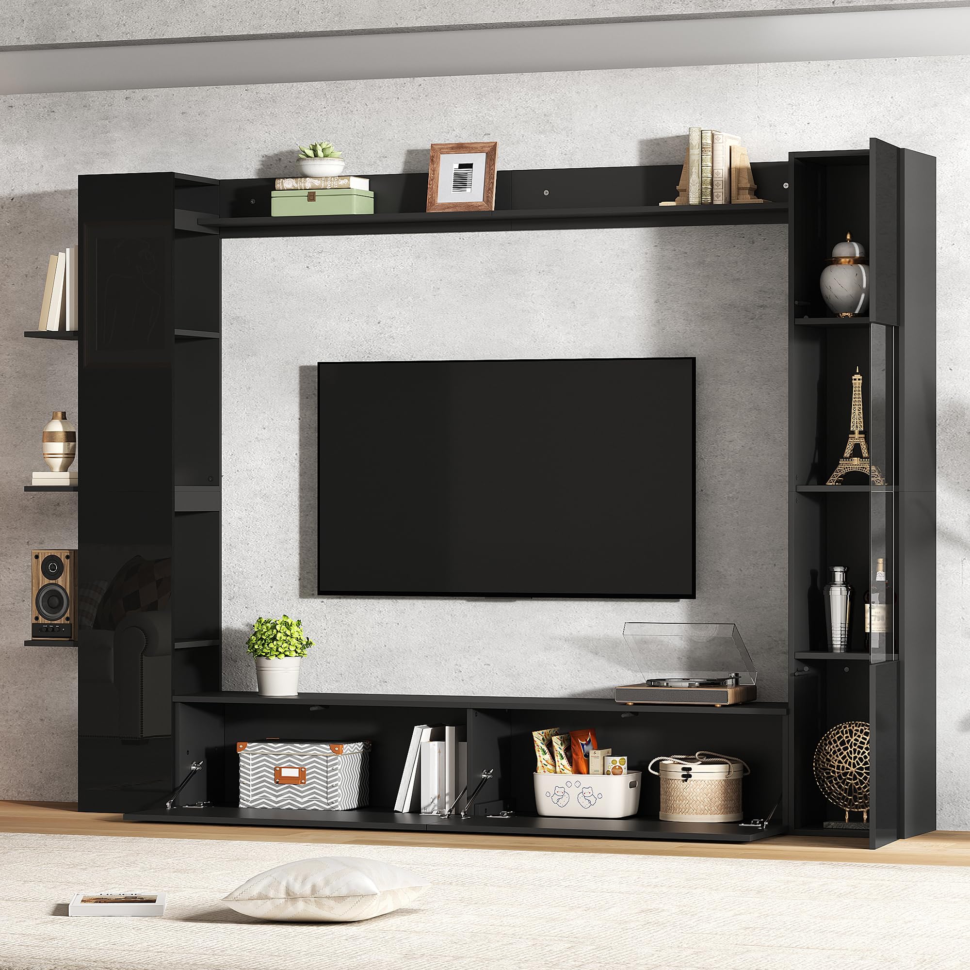 TV Wohnwand Wohnzimmer Set für Fernseher bis zu 70 Zoll, Wohnwand Schwarz Wohnzimmermöbel Set mit TV Schrank und Vitrine, Schrankwand Wohnzimmer Wohnzimmerschrank mit Stauraum, 228x30x170 cm