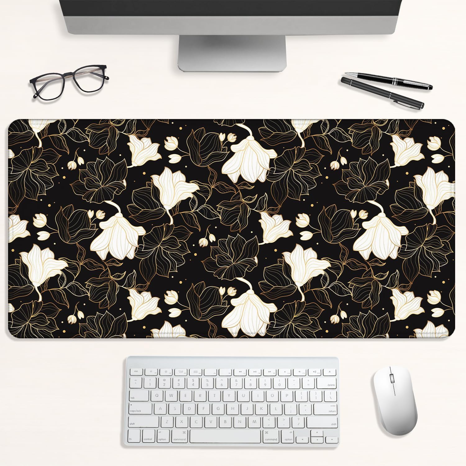 Luxury Black and Gold Floral Large Mouse Pad for Desk, Elegant White Magnolia Flower Extended Gaming Mousepad with Non-Slip Desk Mat for Keyboard and Mouse, 31.5x15.7 Inch