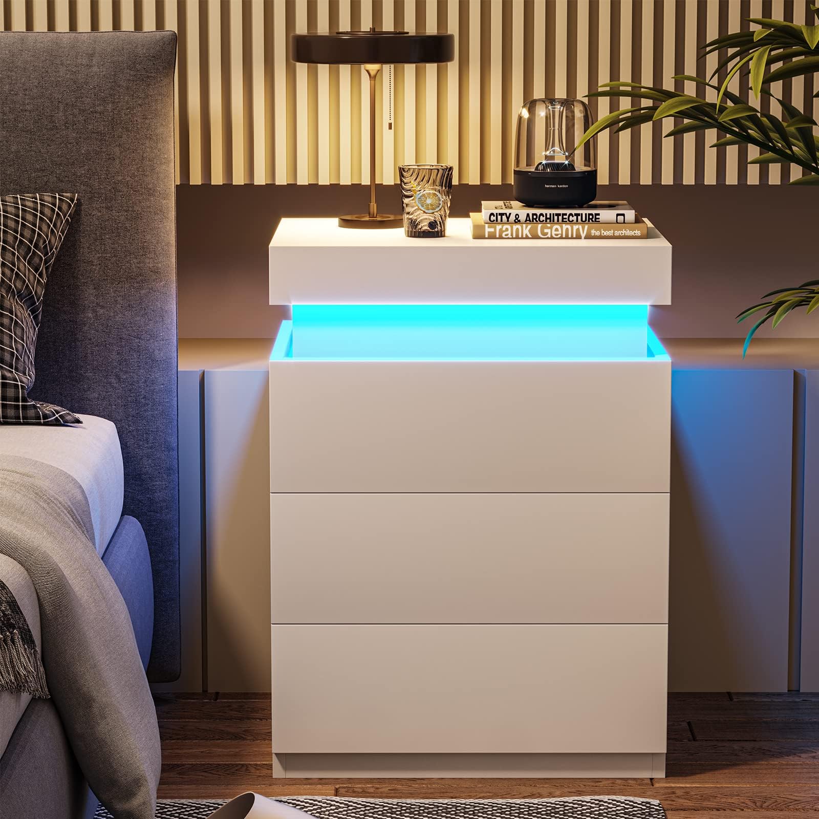 Amazon.com: i-aplus Bedside Table with 2 Drawers, LED Nightstand Wooden ...