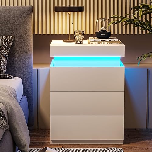 ADORNEVE Mesita de noche con estación de carga y luces LED, mesita de noche con parte superior deslizante para dormitorio, mesita de noche