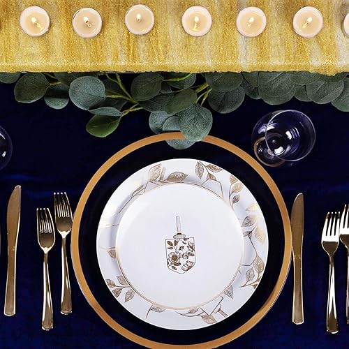 Miniatura 2 de EcoQuality Platos redondos de plástico de 10 pulgadas, platos llanos blancos de Hanukkah con diseño de Dreidel dorado de Janucá para fiesta de