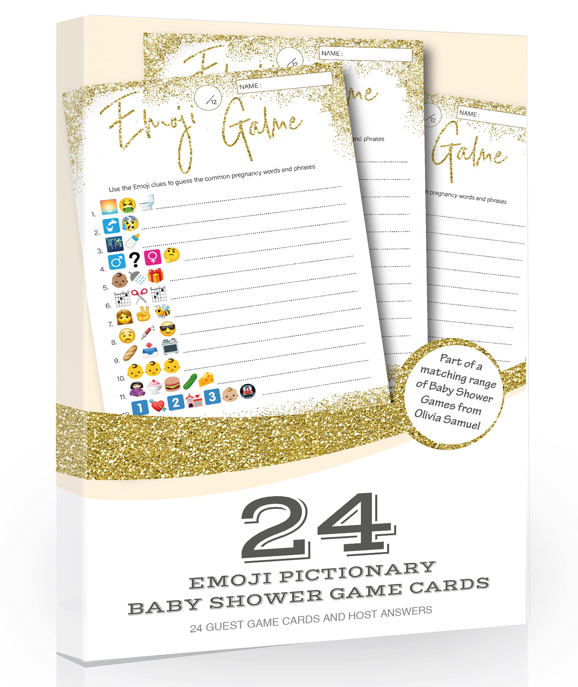 Olivia Samuel24 x Picture Baby Shower Game from (Gold Glitter Effect)