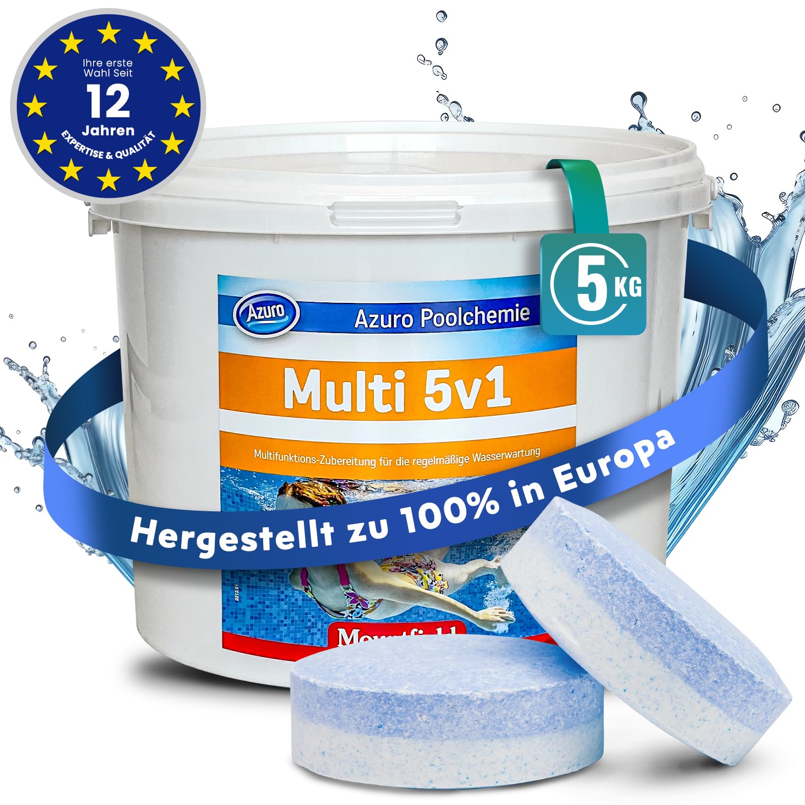 Azuro Multi 5in1 Chlortabletten für Pool – Pooltabs Multitabs 5 in 1 mit Chlor – Desinfektion, pH-Regulierung, Flockung, Wasserenthärtung & Algenverhütung – 100% (5 KG)