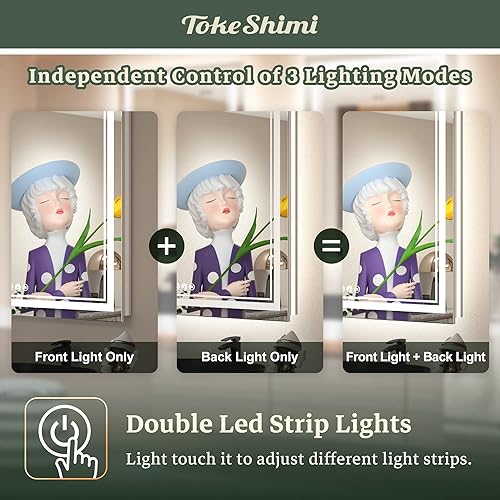 Miniatura 3 de TokeShimi Espejo LED de baño de 60 x 36 pulgadas, espejo retroiluminado frontal con doble tira de luz, 3 colores CRI 90+ función de memoria antivaho