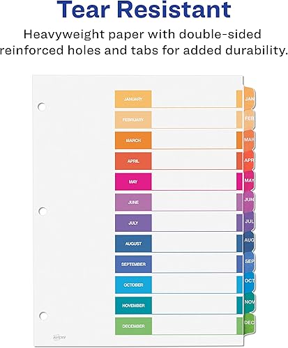 Miniatura 5 de Avery Jan-Dec 12 separadores de pestañas para carpetas de 3 anillas tabla de contenido personalizable pestañas multicolor 1 juego 11127