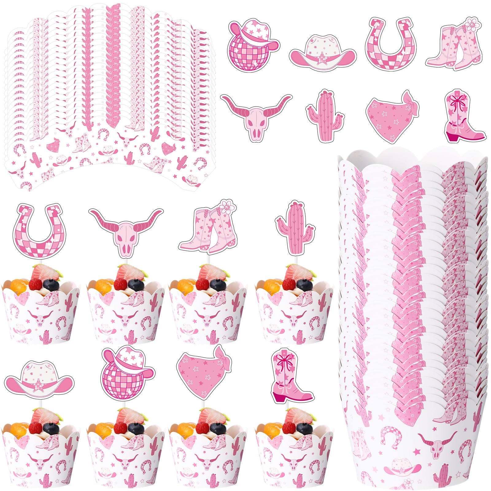Widecook 96 Pcs Cowgirl Cupcake Toppers and Wrappers Western Cowgirl Theme Cake Decorations Pink Disco Western Rodeo Cupcake Picks and Liners for Baby Shower Birthday Party Supplies — image 1