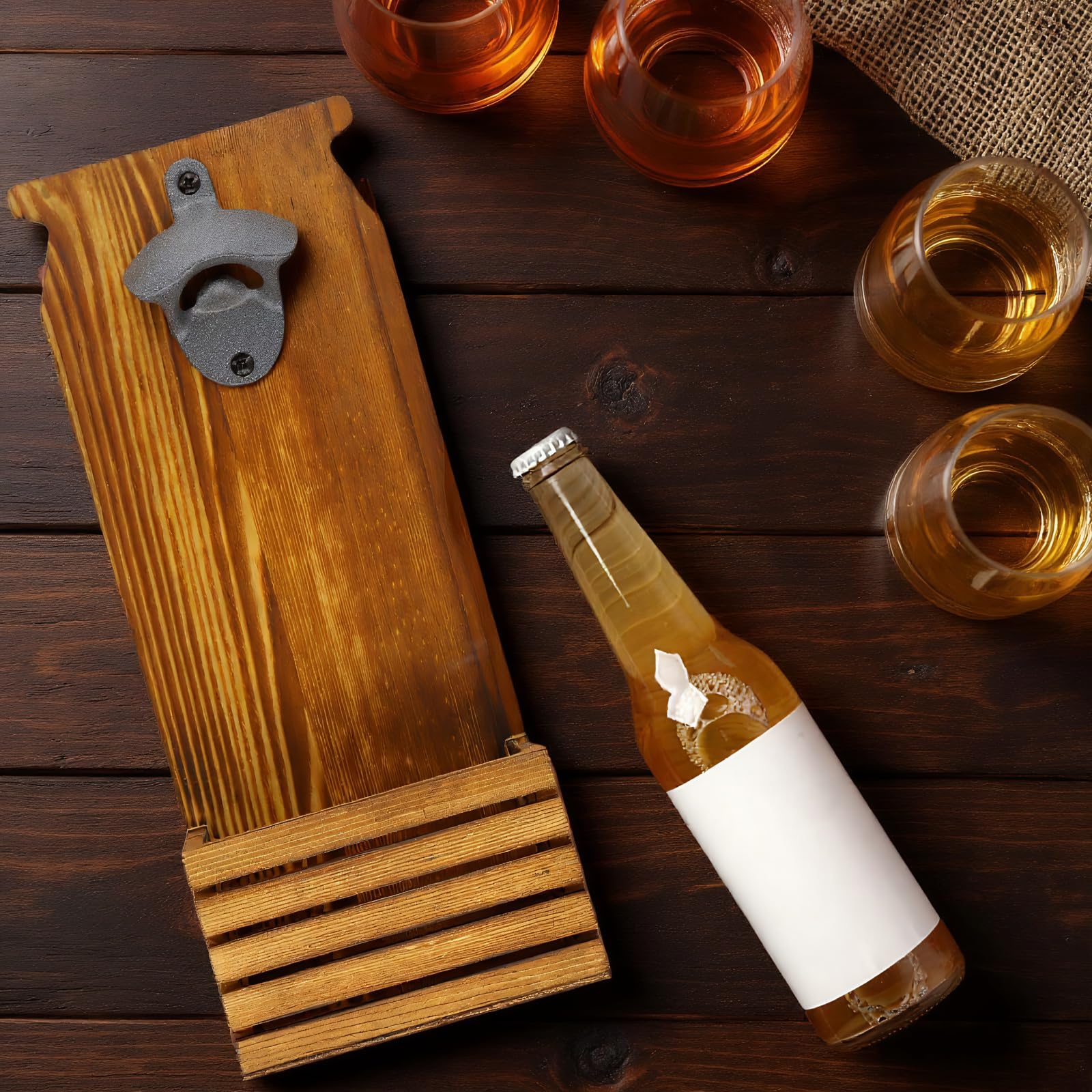 Abrebotellas de Pared o de Pie, Abridor de Botellas con Colector y Tapón, Madera 12x7,4x30cm