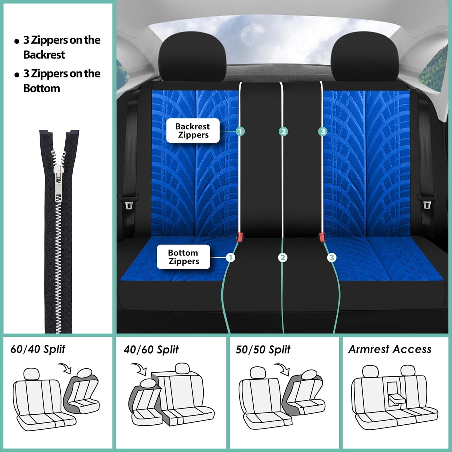 FH Group Car Seat Covers Travel Master Full Set Blue Airbag and Split Rear Car Seat Cover, Universal Fit Automotive Seat Covers for Cars Trucks and SUV Car Interior Accessories Van Seat Covers