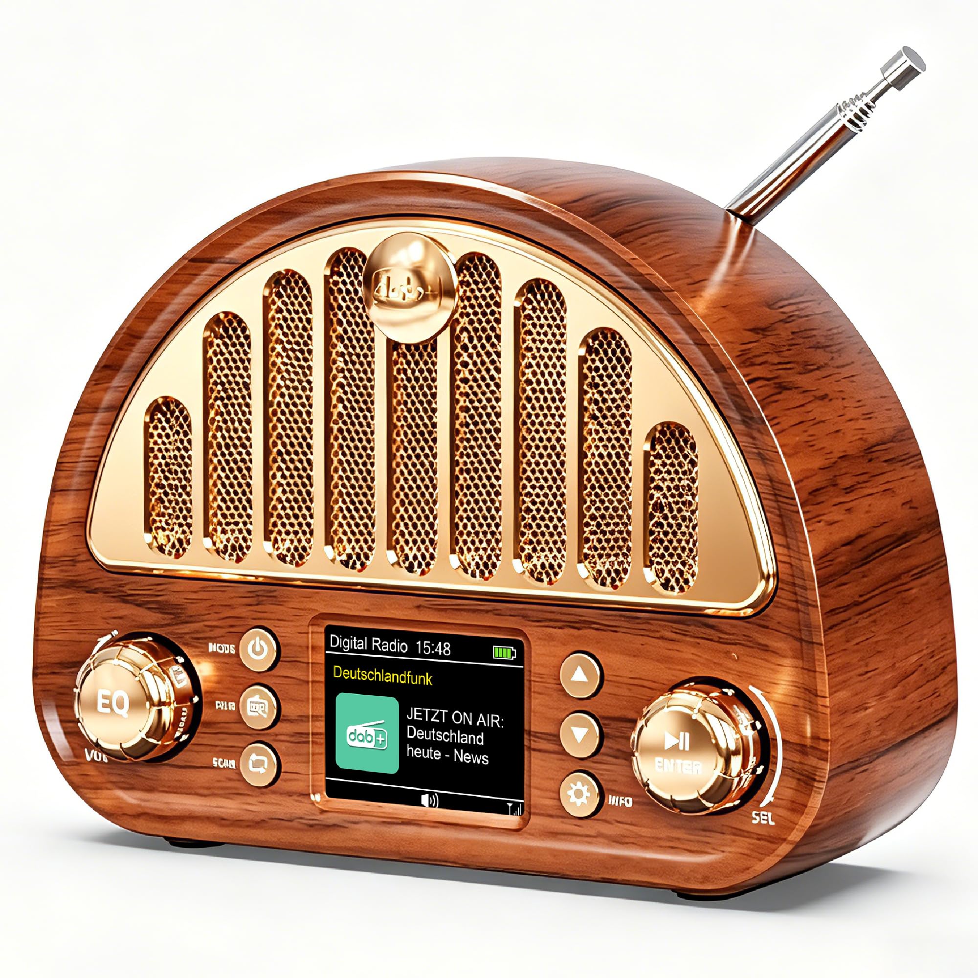 Radio Vintage DAB+/FM Bluetooth Portable, Poste Radio Numérique avec Batterie Rechargeable 3000 mAh, Double Réveil