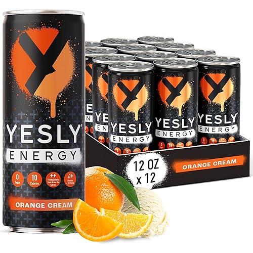 Yesly Bebida energética, crema de naranja, bebida energética espumosa con sabor natural con electrolitos, magnesio, potasio, vitamina C, B6 y B12,