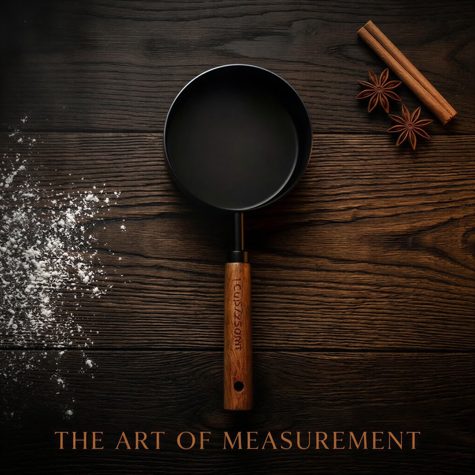 8-teiliges Messbecher- und Messlöffel-Set, matt schwarz aus Edelstahl für die Küche, mit Holzgriffen, graviert, für präzises Kochen, Backen und Essensvorbereitung