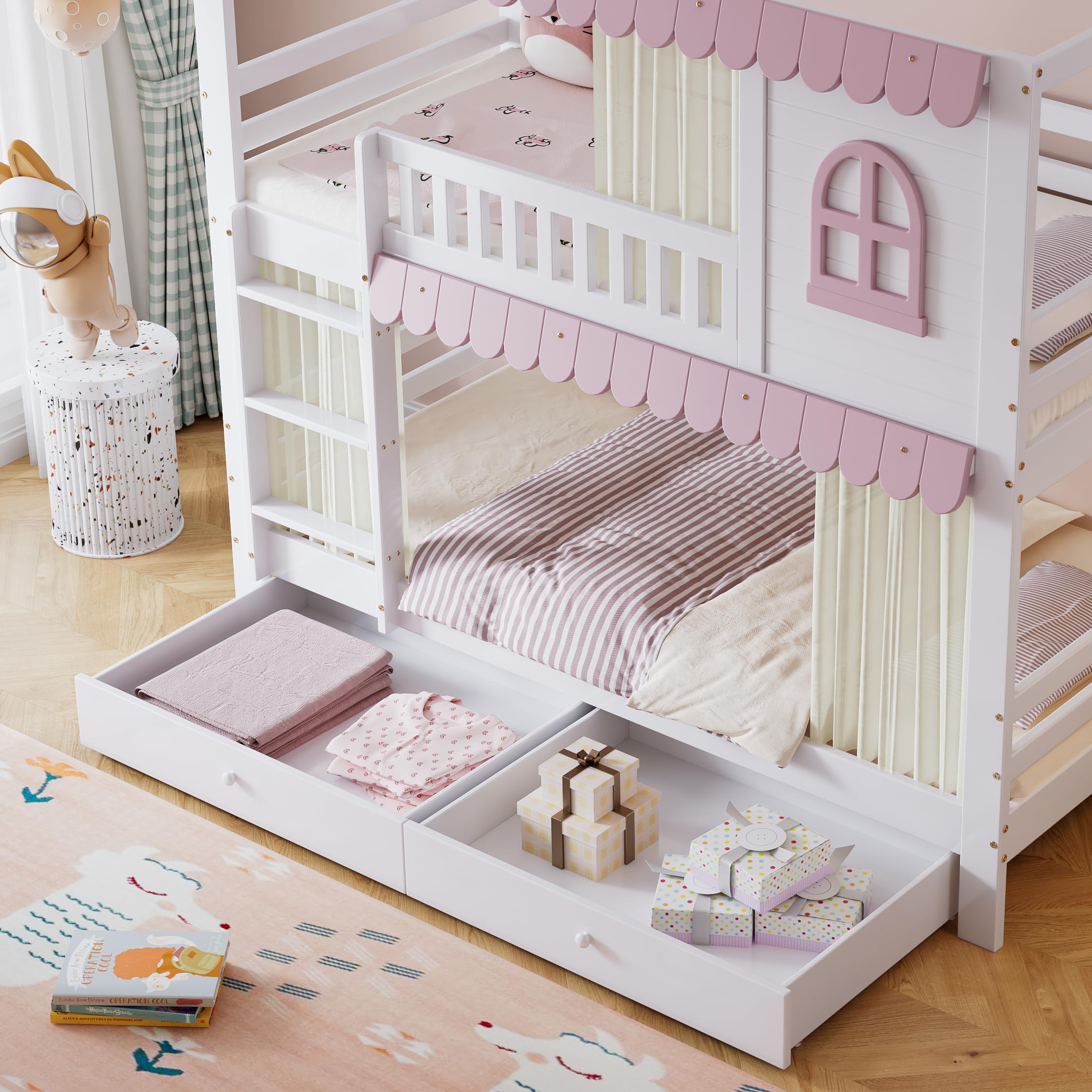 Merax Etagenbett Kinderbett 90x200cm, Hochbett Holzbett mit Rausfallschutz, Zwei Schubladen mit Rollen, Offenes Regal, Platzsparendes Stockbett mit 2 Lattenrost & Großes Fenster, Jugendbett, Weiß&Rosa