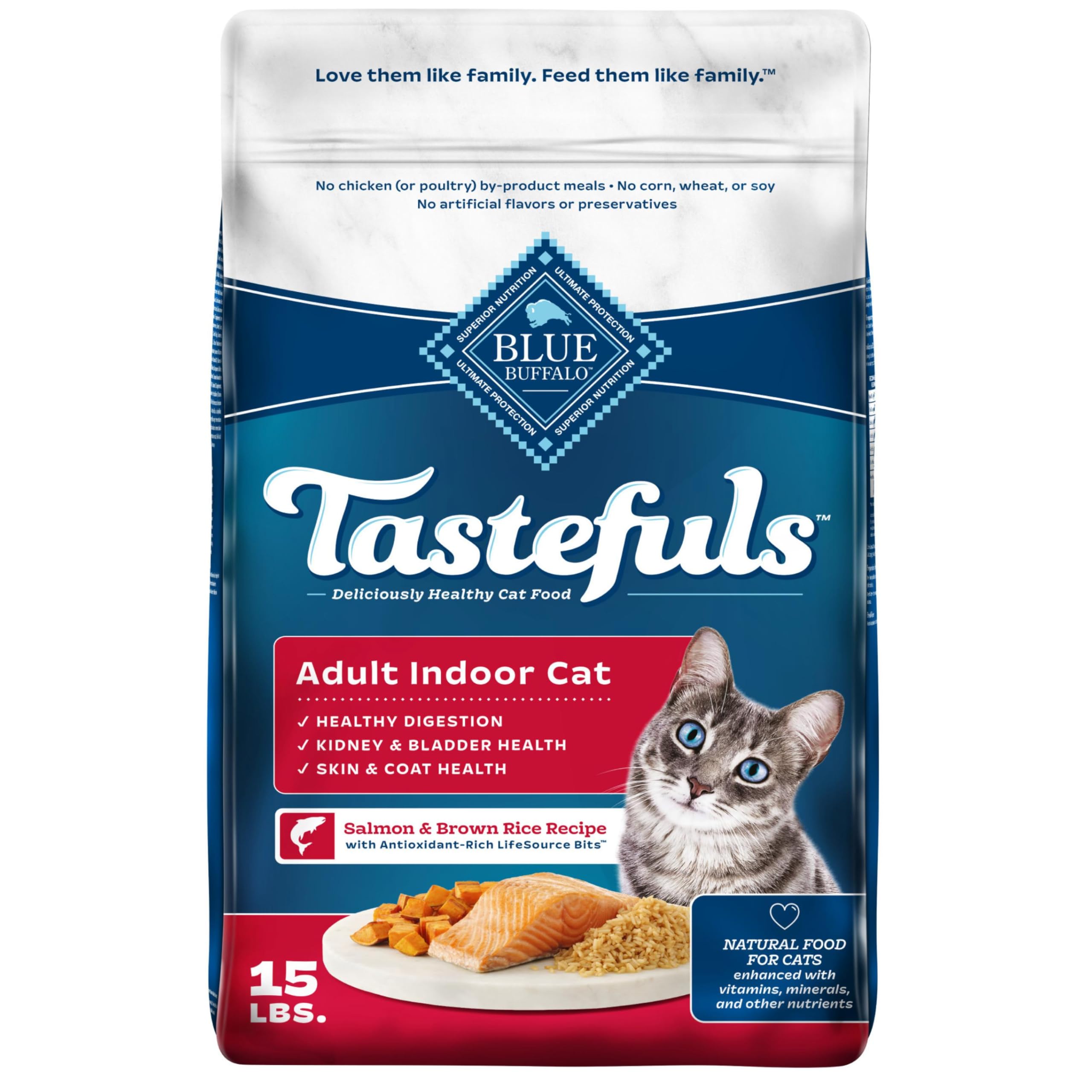 Blue Buffalo Tastefuls Salmon & Brown Rice Recipe Dry Indoor Cat Food for Adult Cats, Real Salmon First, Deliciously Healthy Natural Cat Food, Supports Digestive Care and Coat Health, 15 lbs.