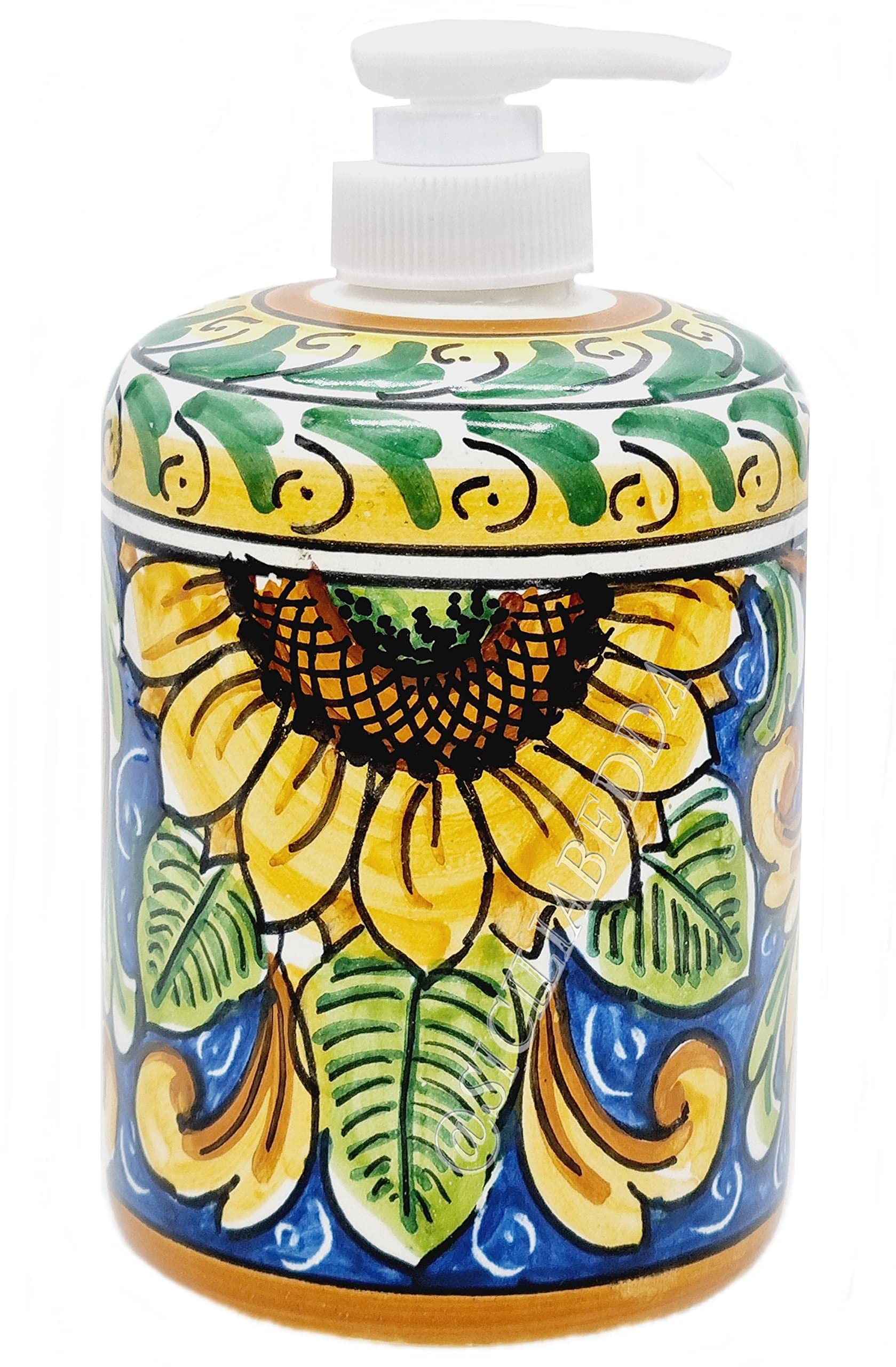 Sicilia Bedda - PORTASAPONE LIQUIDO IN CERAMICA DI CALTAGIRONE - Dipinto Interamente a Mano - Altezza 15 CM (Girasole)