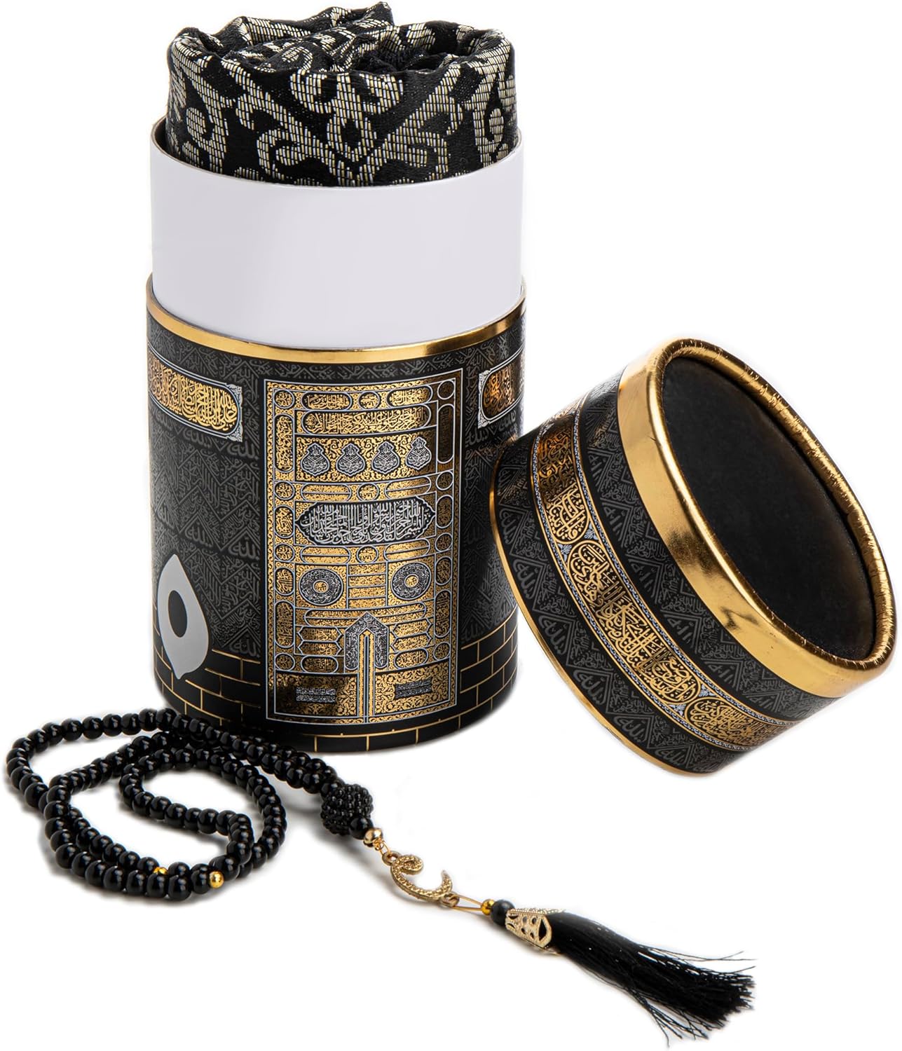 Modefa Islamic Gifts Prayer Mat | Thin Woven Praying Mat Muslim Prayer Rug | Muslim Gifts for Men Ramadan Gifts with Tesbih Prayer Beads | Ottoman Rug with Cylinder Gift Box Set (Black with Box)