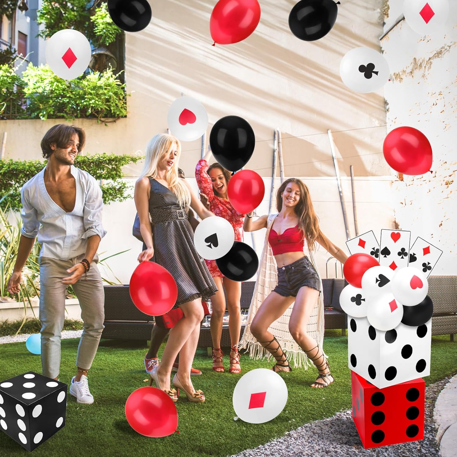 Mototo 72-Piece Casino Theme Party Decoration 11 Inch Large Paper Dice Boxes Poker Playing Card Balloons for Las Vegas Bunco Game Casino Night Table Centerpiece Birthday Party Golf Tournament Backdrop