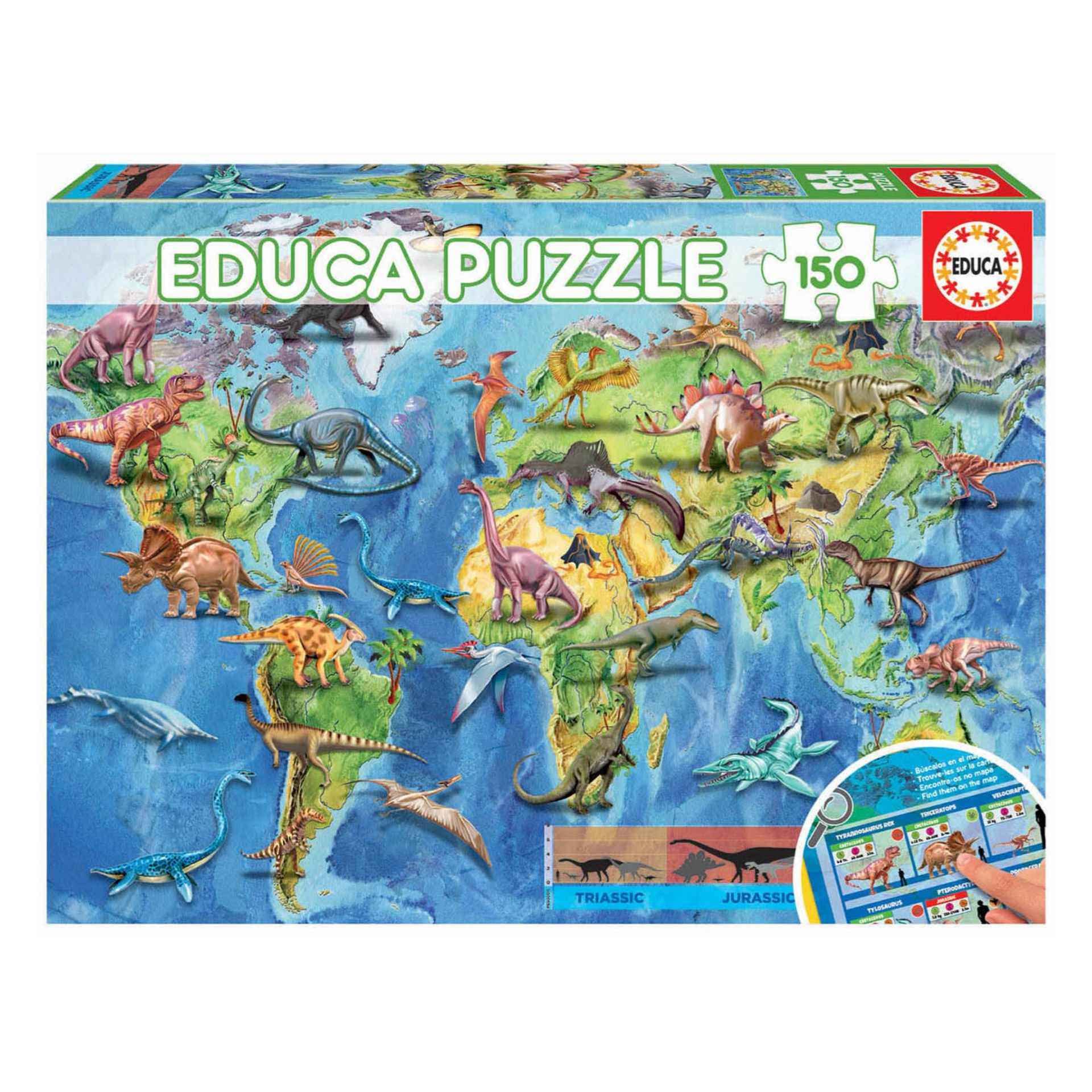 Educa - Puzzle Da 150 Pezzi Per Bambini | Geopuzzle Dinosauri. Misura: 48 X 34 Cm. Composto Da Pezzi Di Grandi Dimensioni. Da 6 Anni. Comprende Una Tavola Con Curiosità Sui Dinosauri. +6 Anni (18997)-image