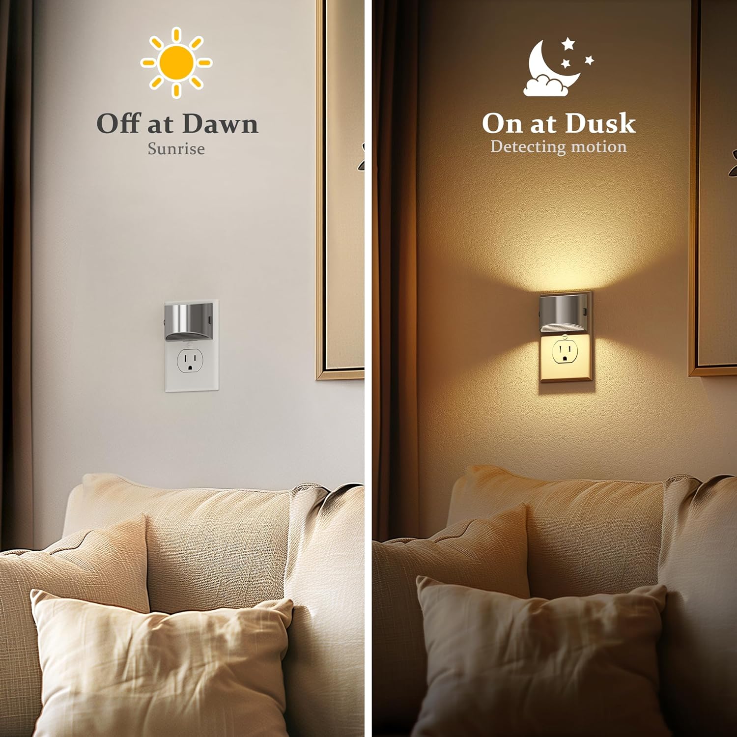 JandCase LED Night Lights Plug into Wall, 2 Pack Modern Night Lights, Dusk to Dawn Sensor Nightlight, 0-100LM Brightness Adjustable, 3000K Soft White(Silver)