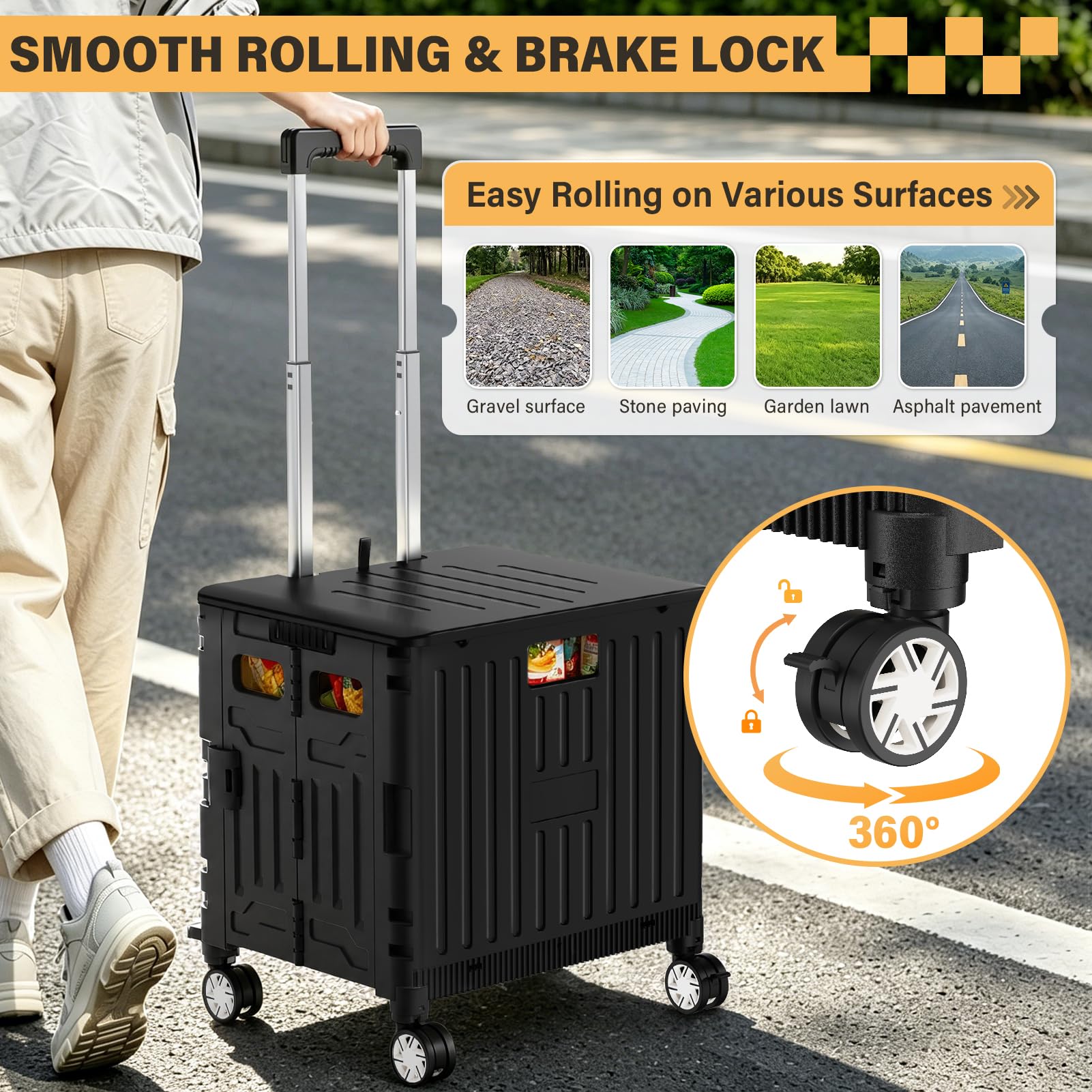 SUNALLY Carrello pieghevole portatile con ruote bloccabili, coperchio, cassetta degli attrezzi pieghevole per la spesa, viaggi, giardino, negozio, ufficio, bagagli, insegnante, nero