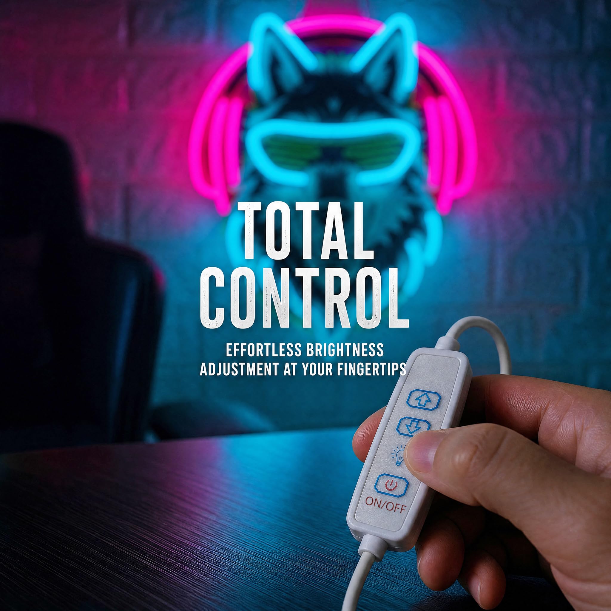 Wolf Neonschild, 36,6 x 32 cm, dimmbar, LED-Wolf-Neonlicht mit Kopfhörern und Sonnenbrille, USB-betriebenes Gaming-Neon-Wanddekor mit 10 Helligkeitsstufen, rosa & eisblau, Neonschild für Spielzimmer