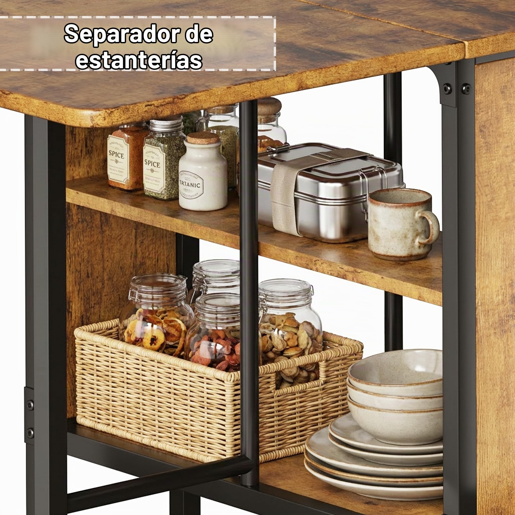 Mesa de Comedor Plegable, Mesa de Cocina Plegable con 6 Ruedas y 2 Estantes Abiertos para Espacios Pequeños, Cocina, Comedor para 4-6 Personas, 130 x 80 x 74 cm (Retro)
